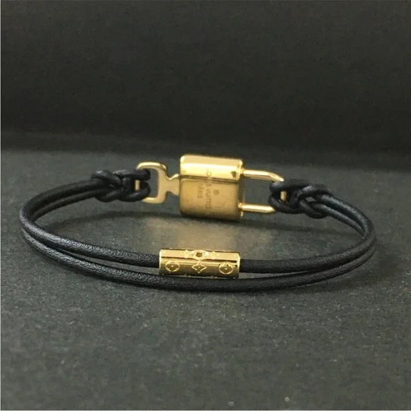 AUTH LOUIS VUITTON LV Padlock Leather Gold Black Bracelet
